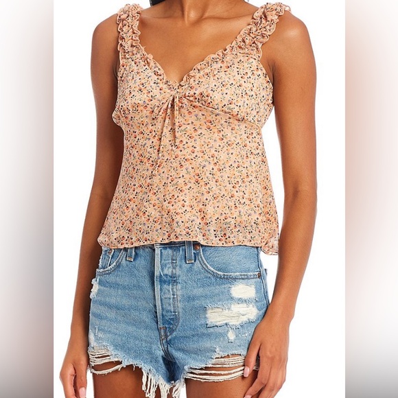 Floral Print Puff Sleeve Front Tie Ruffle Trim Babydoll Top - Picture 1 of 4